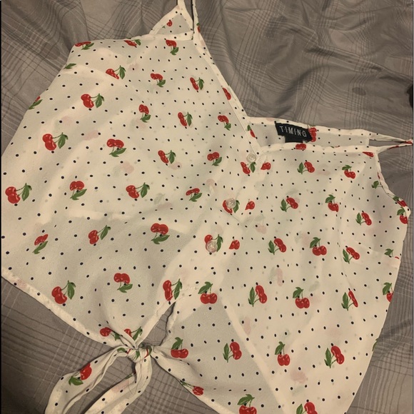 Cherry Cropped Top Tie in Front - Picture 1 of 5